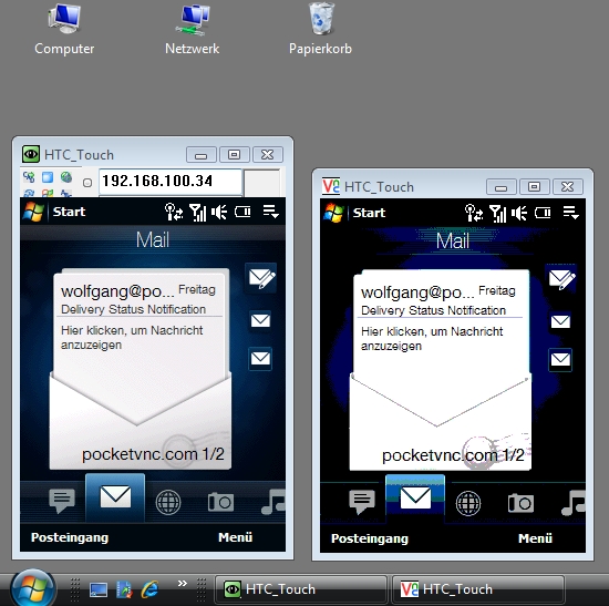 two VNC client windows showing the desktop of a remote Windows Mobile smartphone