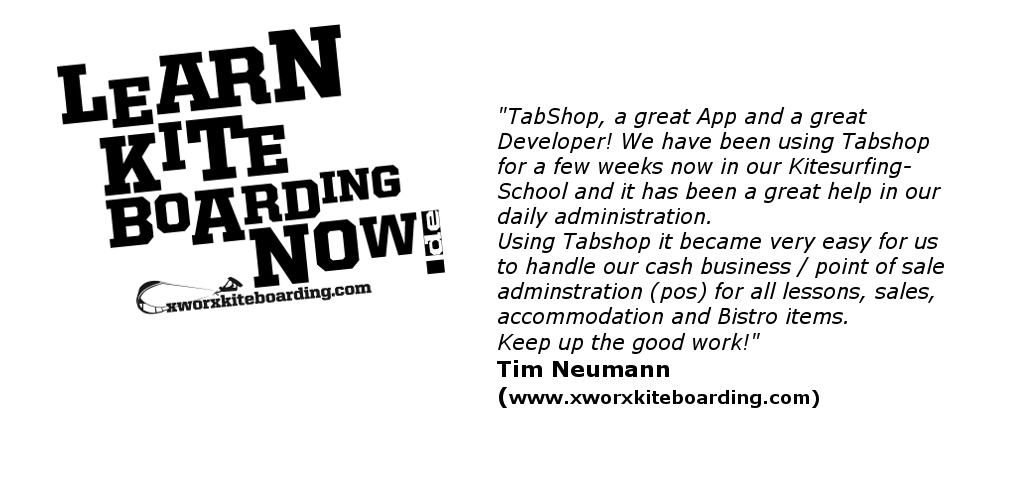 TabShop Point of Sale App used at xworkxkiteboarding Surf Shop